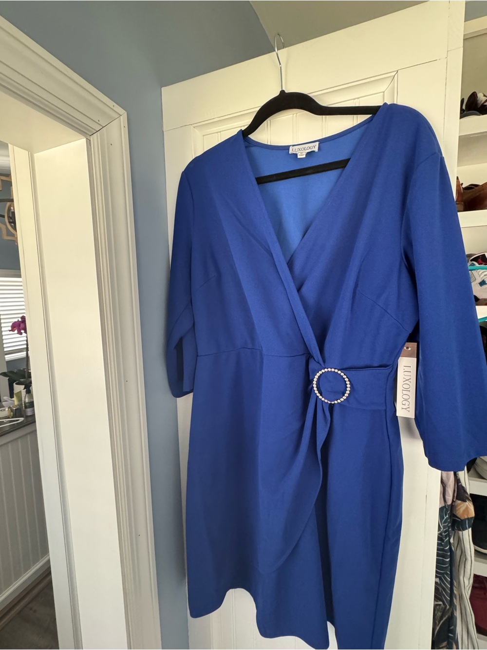 Luxology Cobalt Blue Wrap Midi Dress with Decorative Buckle